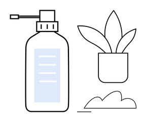 Hand sanitizer dispenser next to a potted plant and abstract cloud design. Ideal for hygiene, health, cleanliness, simplicity, home decor, environmental awareness, flat simple metaphor