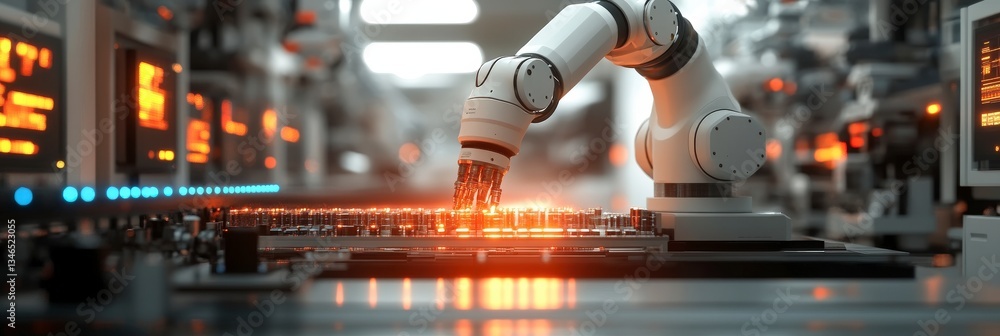 Poster white robotic arm assembling circuits on assembly line