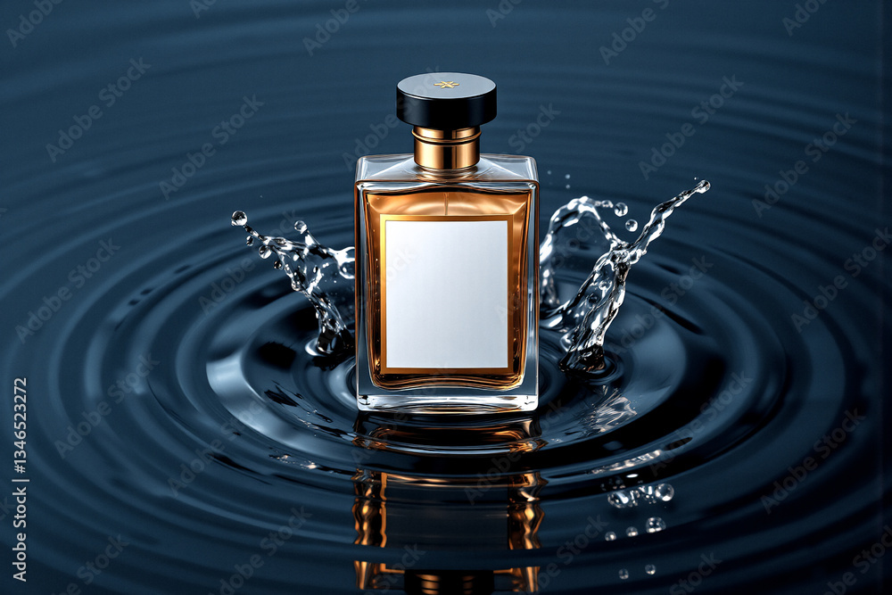 Poster elegant perfume bottle with a golden hue and black cap is centered on rippled water. water splashes 