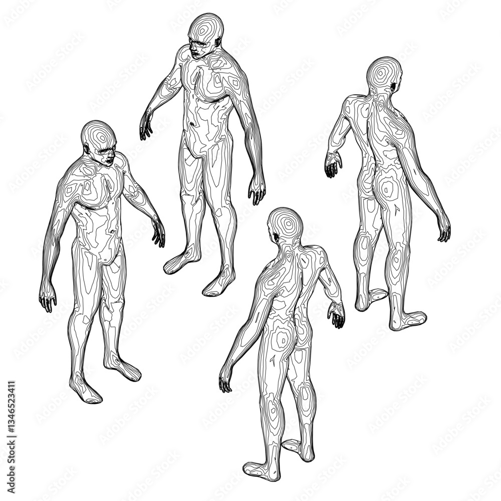 Poster four figures are standing in a line, each with their arms outstretched. the figures are all black an