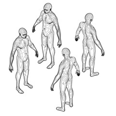 Four figures are standing in a line, each with their arms outstretched. The figures are all black and appear to be in a state of motion. Scene is one of movement and energy. Isometric view