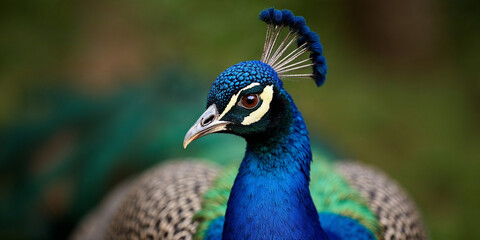 Closeup Peacock - peafowl with beautiful representative exemplar of male peacock in great metalic colors