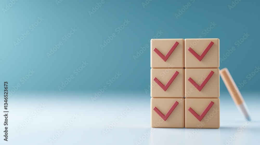 Aufkleber stacked boxes with checkmarks on a soft blue background, symbolizing approval and organization.
