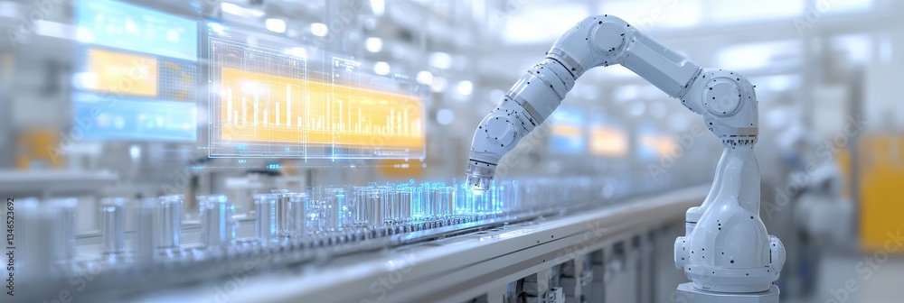 Poster advanced robotic arm operating on an assembly line