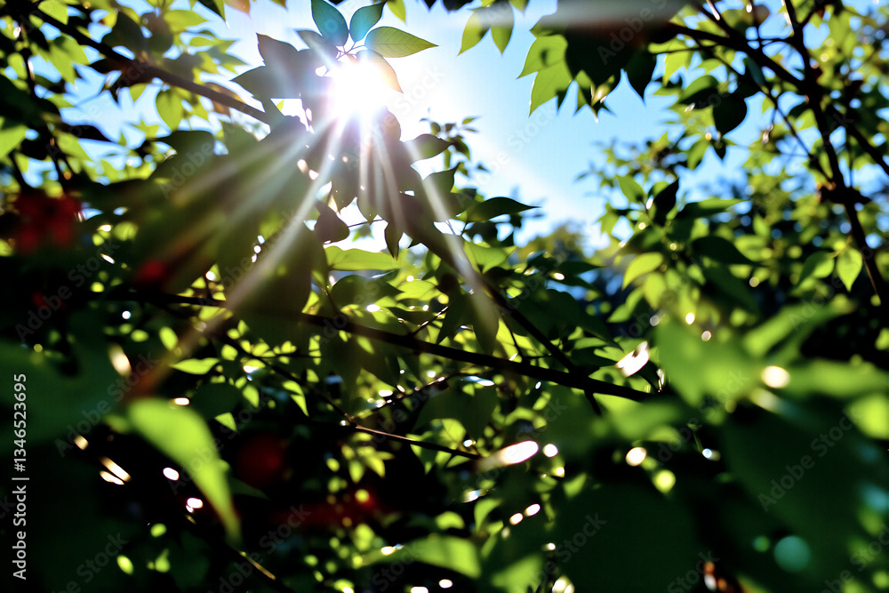 Poster sunlight streams through lush green leaves and branches, creating lens flares. red berries peek thro