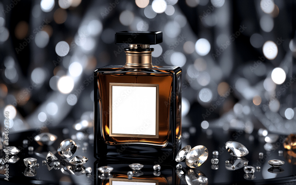 Poster Elegant square perfume bottle with a blank white label sits on a reflective black surface surrounded by scattered diamonds. Bokeh lights create a soft, glamorous backdrop.