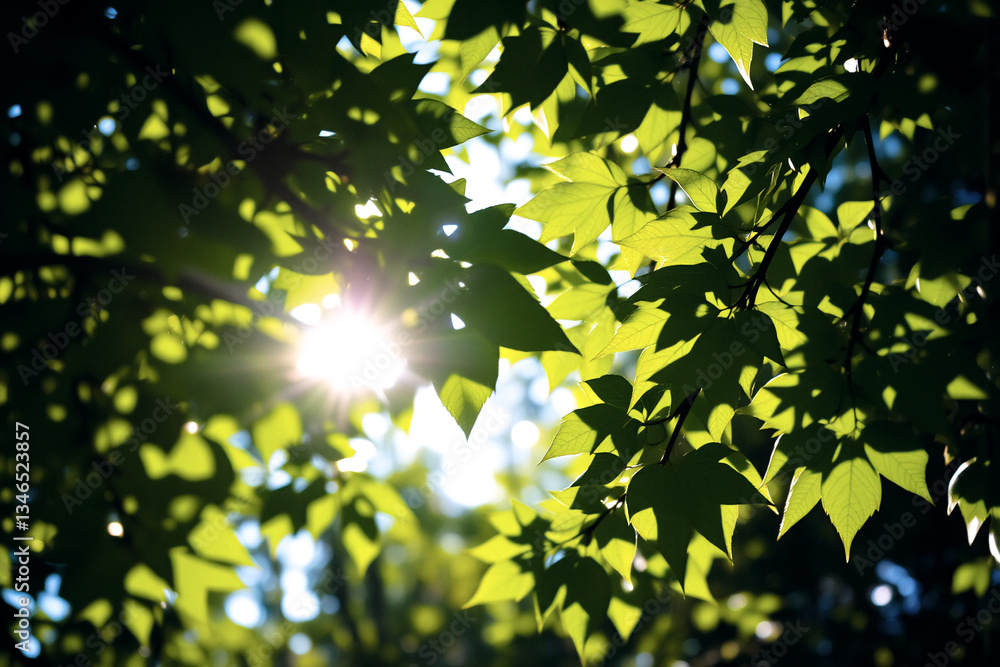 Poster Sunlight streams through vibrant green leaves, creating a beautiful bokeh effect and highlighting the natural textures of the foliage in an outdoor setting.