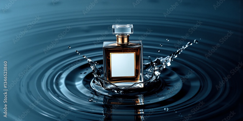 Aufkleber elegant perfume bottle with a blank label placed in rippling water, creating a splash. the scene evo