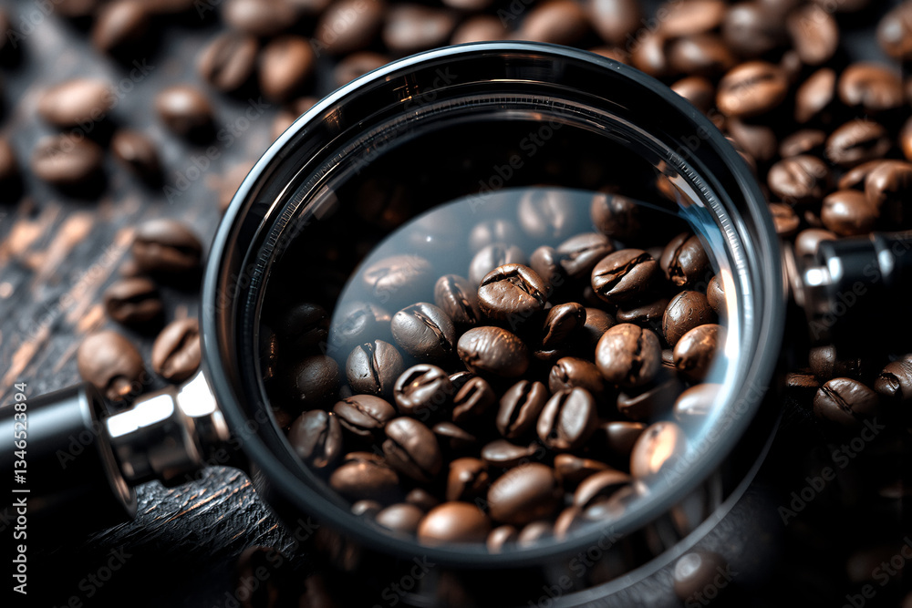 Poster Close-up shot of roasted coffee beans inside a metal portafilter with more beans scattered around on a dark surface. Focus is on the beans within the filter.
