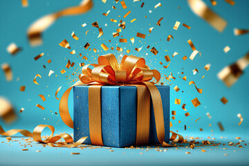 Blue gift box tied with gold ribbon, surrounded by falling golden confetti against a cyan background. A festive and celebratory scene.