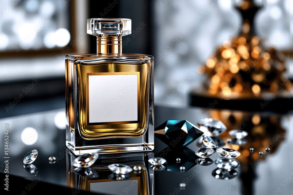 Poster elegant perfume bottle with a golden liquid inside, displayed with sparkling diamonds on a reflectiv