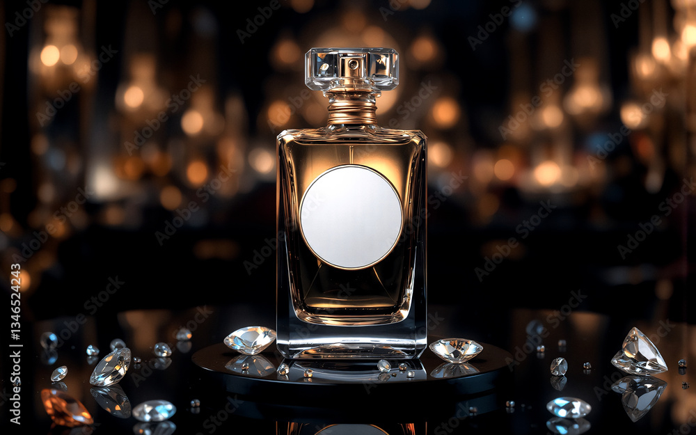 Poster elegant perfume bottle stands on a reflective surface, surrounded by scattered diamonds. the backgro