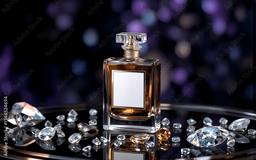 Poster elegant perfume bottle with a clear stopper rests on a reflective surface amidst scattered diamonds.