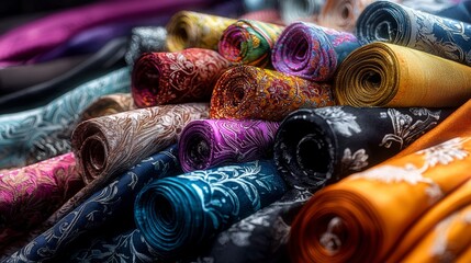 Colorful textile rolls at market fabric display retail environment close-up craftsmanship concept