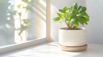 Fototapeta premium Potted plant on a windowsill, bathed in sunlight