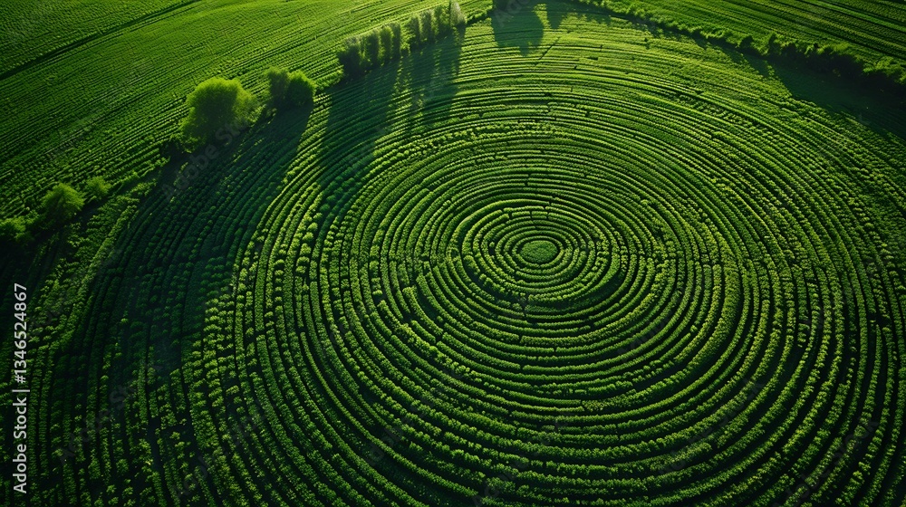 Poster aerial view of a large farm field with a center-pivot irrigation system, creating circular patterns 