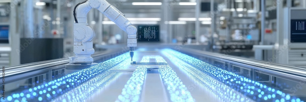 Poster white robotic arm assembling components with precision