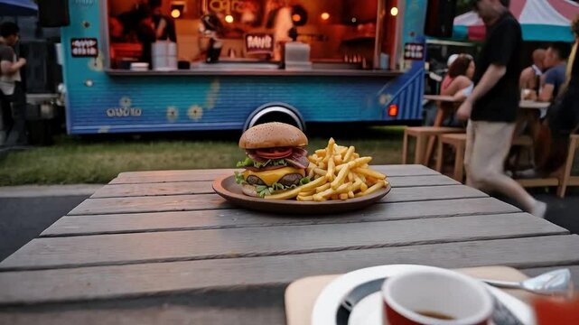 Hamburguesa con queso y tocino acompa&ntilde;ada de papas fritas en feria gastron&oacute;mica
