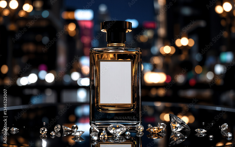Poster elegant perfume bottle on a reflective surface, adorned with diamonds. city lights bokeh background 