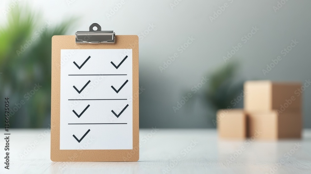 Aufkleber clipboard with checklist and ticks in a minimalist setting, surrounded by blurred boxes and greenery