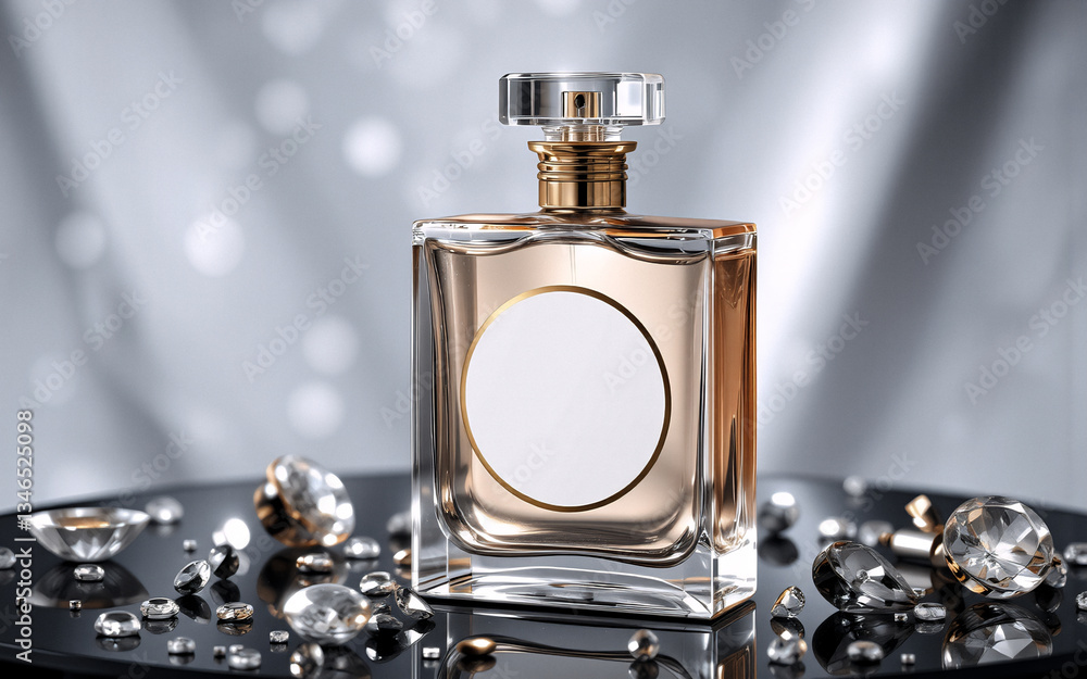 Poster Elegant perfume bottle with a golden cap is showcased with diamonds around it. The scene is set on a reflective black surface with a blurred bokeh background, creating a luxurious and glamorous atmosp