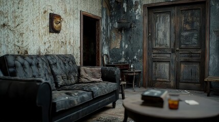 Abandoned living room scene derelict house interior photography gloomy atmosphere wide angle urban decay