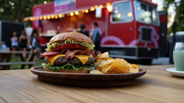 Hamburguesa con queso y tocino acompa&ntilde;ada de papas fritas en food truck
