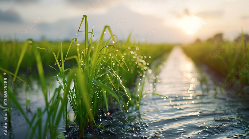 Poster automated flood irrigation system in a rice paddy, efficiently managing water levels for optimal gro