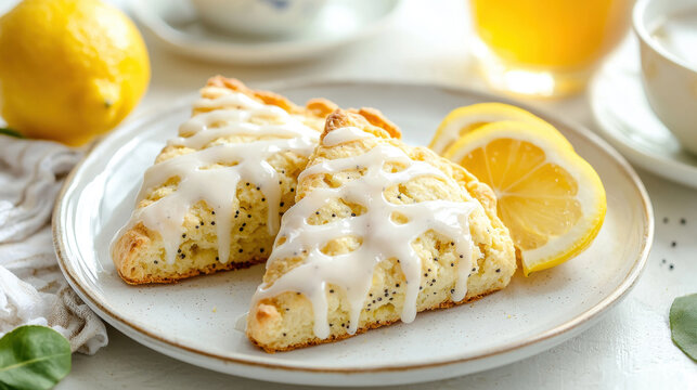 Freshly baked lemon poppy seed scones with glaze, served with tea, rustic white table, soft morning light, cozy breakfast scene, citrus charm