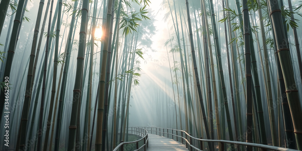 Poster serene bamboo forest path bathed in soft morning sunlight. mist hangs in the air, creating a peacefu