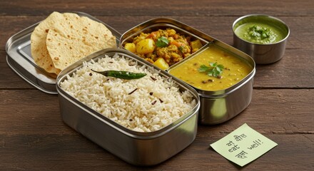 Traditional Indian Tiffin Box with Curry, Rice, Chapati, and Sides on Rustic Background