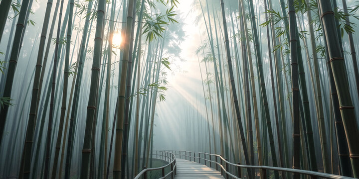 Serene bamboo forest path bathed in soft morning sunlight. Mist hangs in the air, creating a peaceful and ethereal atmosphere along the walkway. - Powered by Adobe