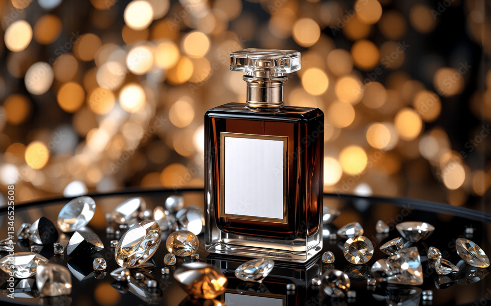 Poster Elegant fragrance bottle displayed with clear gems on a dark reflective surface and blurred golden background.