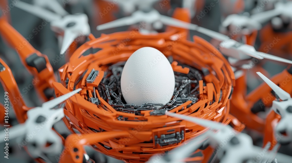 Poster egg resting in a robotic nest, surrounded by mechanical bird-like drones