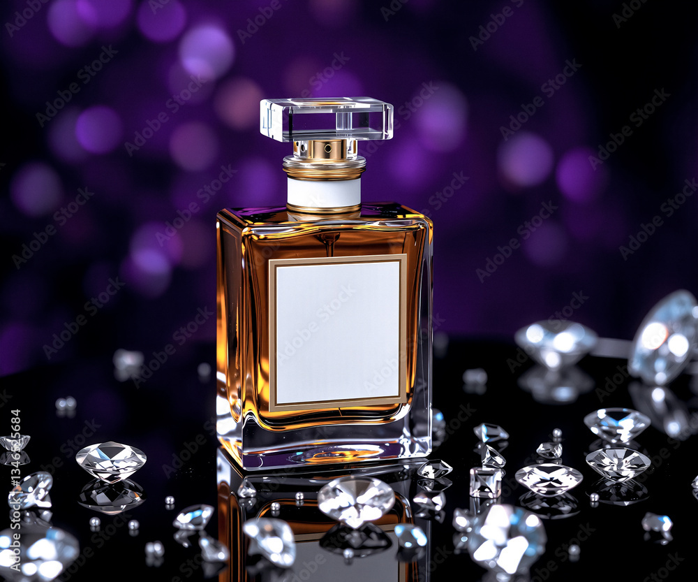 Poster Elegant perfume bottle with golden liquid is displayed with sparkling diamonds. It sits on a reflective black surface against a purple bokeh backdrop.