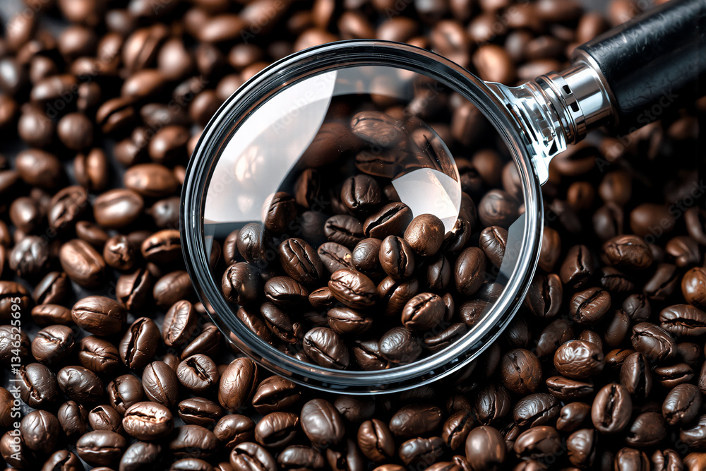 Poster a close-up shot showcases roasted coffee beans with a magnifying glass positioned above, highlightin