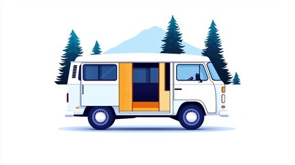 Naklejka premium A vintage van parked in a snowy landscape, surrounded by tall evergreen trees and mountains in the background, evoking a sense of adventure and exploration.