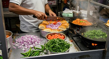 Obraz premium Street Food Vendor Cooking and Chopping Fresh Ingredients Amid Lively Market Scene
