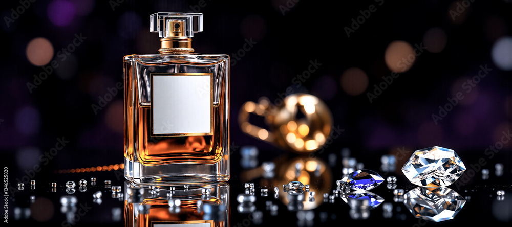 Poster elegant perfume bottle with golden accents and clear cap sits among sparkling diamonds and bokeh lig
