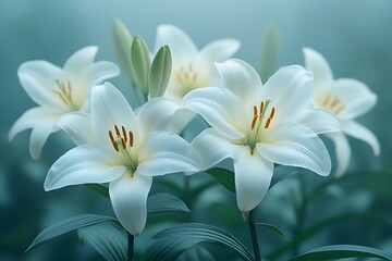 Fototapeta premium Stunning Close-up of Elegant White Lilies in Serene Teal Setting
