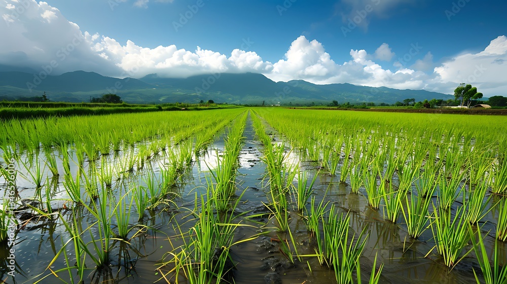 Poster automated flood irrigation system in a rice paddy, efficiently managing water levels for optimal gro