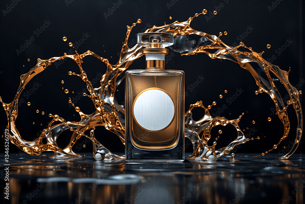 Poster elegant perfume bottle with blank label stands amidst a dynamic golden liquid splash against a dark 