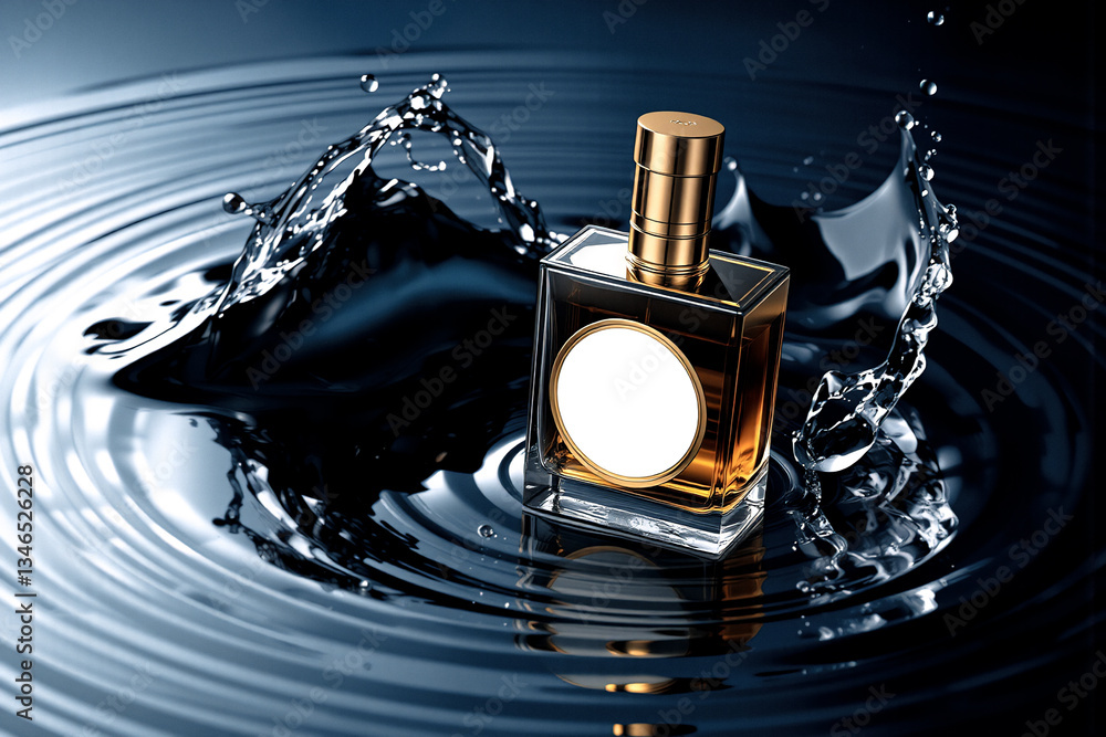 Aufkleber elegant perfume bottle with a gold cap and blank label is placed in rippling water. water splashes c