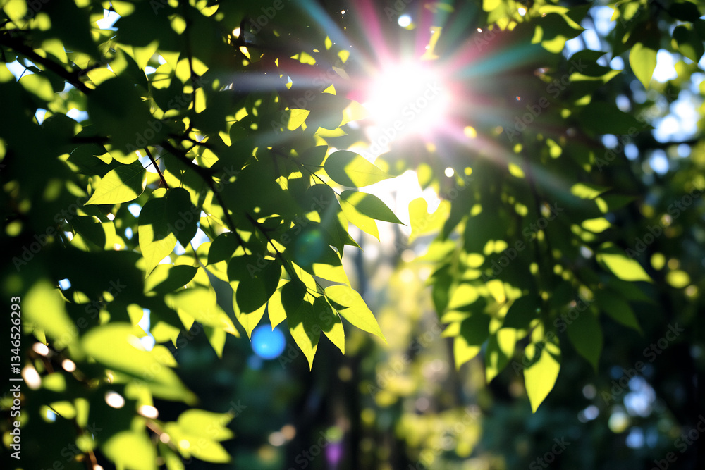 Poster Sunlight filters through vibrant green leaves, creating a dazzling display of light and shadow in a lush natural setting.