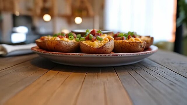 Papas rellenas con queso cheddar, tocino y ceboll&iacute;n