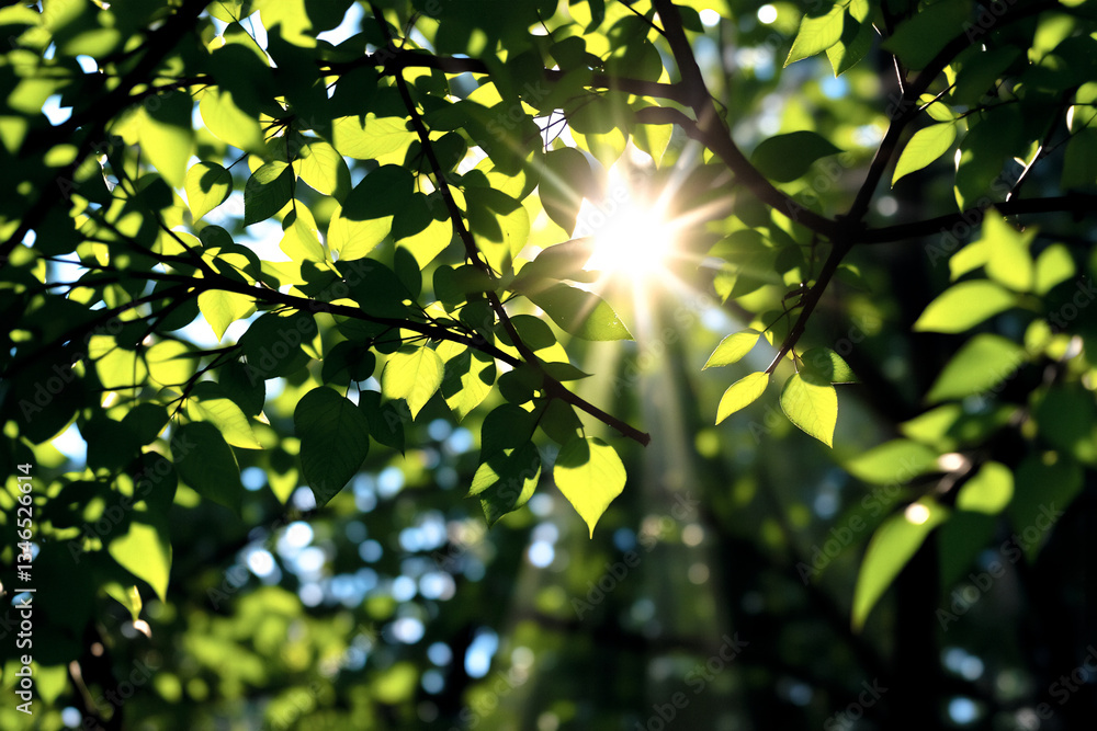 Poster sunlight streams through vibrant green leaves, creating dappled shadows in a natural outdoor setting