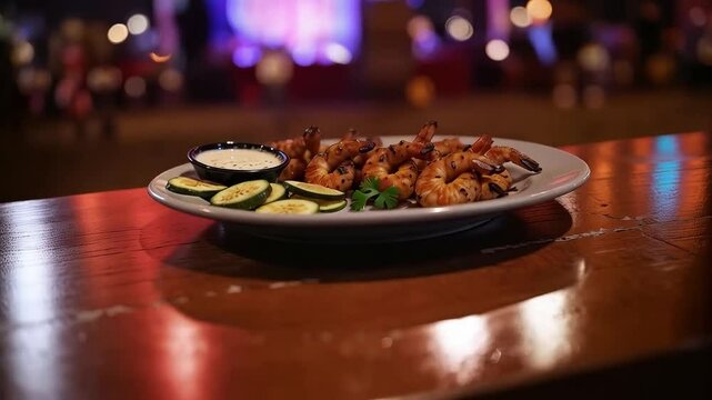 Camarones a la parrilla con salsa cremosa y rodajas de pepino