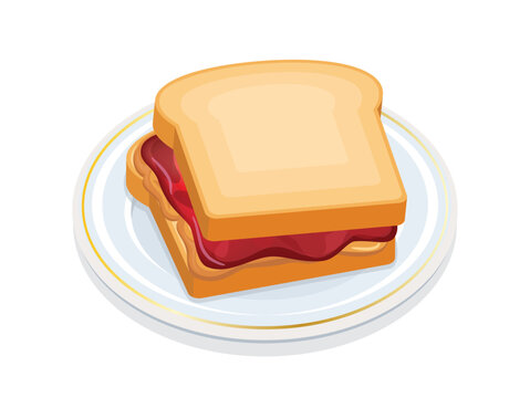 Peanut butter and jelly sandwich on a plate vector illustration. Toasted bread with peanut butter and jam icon isolated on a white background