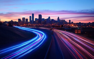 Fototapeta premium City Skyline with Light Trails at Sunset Capturing Urban Mobility
