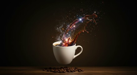Tilted Coffee Cup Pouring Cosmic Liquid with Steam Rising in Surreal Concept Art
Keywords:
Tilted coffee cup, Cosmic liquid stream, Surreal art photography, Vibrant galaxy colors, Nebula-inspired desi